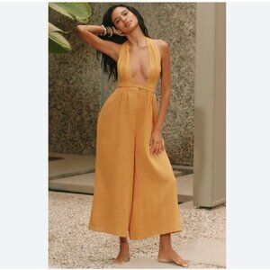 Anthropologie Celandine Boho Wide Leg Cropped Sleeveless Plunge Jumpsuit Size XS